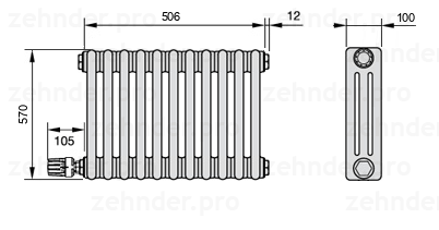 Схема (чертеж) Радиатор Zehnder Charleston 3057/11 №V004 Technoline TL